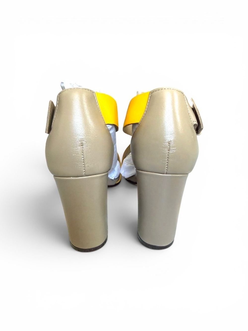 NWOT Boden Taupe and Yellow Crisscross Block Heel Sandals - Picture 3 of 7